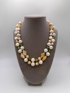 Vintage Japan Double Strand Acrylic Necklace Cottagecore Bead 18in Pink Yellow